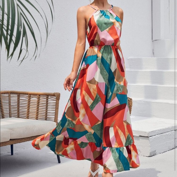 Boho Geo Abstract PatchWork Print Halter Ruffle Maxi Dress - Picture 1 of 4